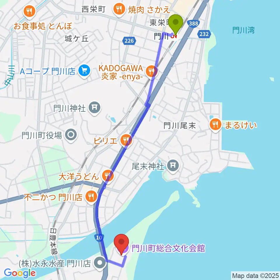 門川町総合文化会館の最寄駅門川駅からの徒歩ルート（約26分）地図