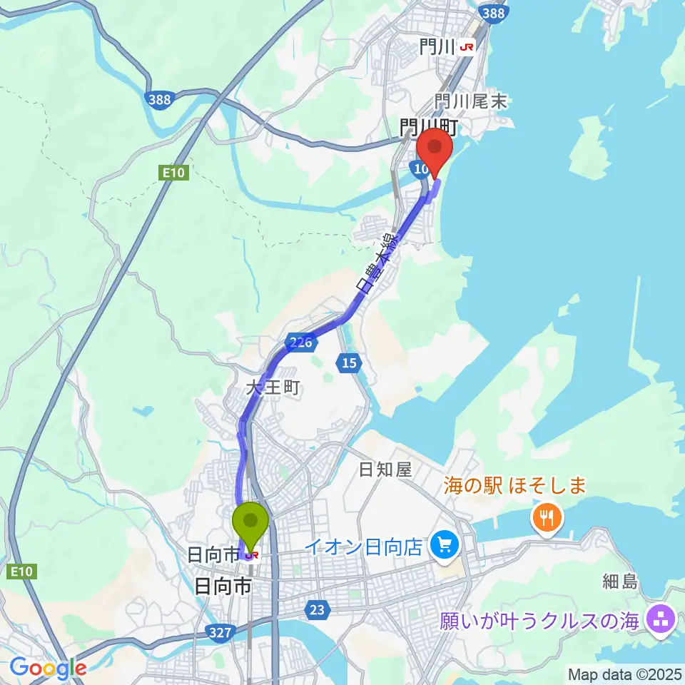 日向市駅から門川町総合文化会館へのルートマップ地図