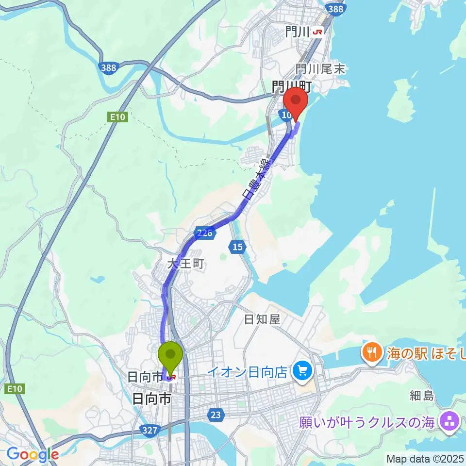 日向市駅から門川町総合文化会館へのルートマップ地図