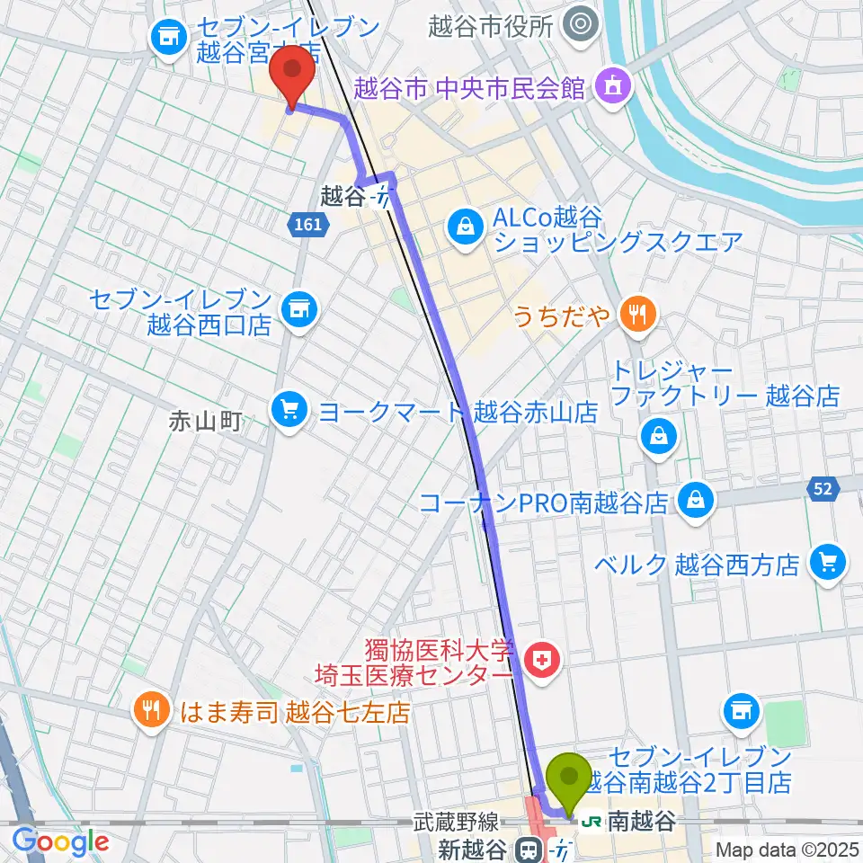 南越谷駅から越谷Memphisへのルートマップ地図