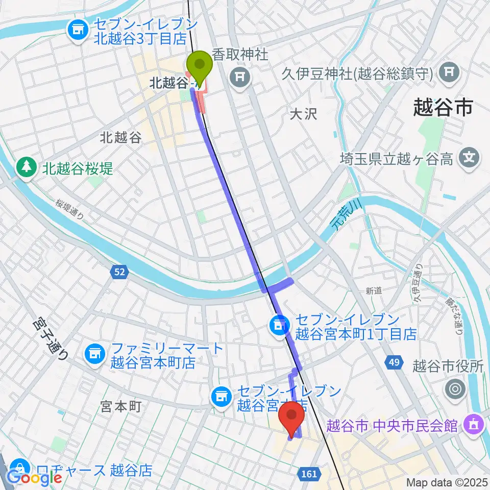 北越谷駅から越谷Memphisへのルートマップ地図