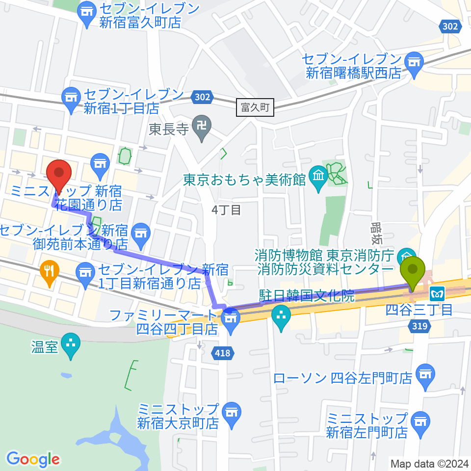 四谷三丁目駅から新宿リトルモンスターへのルートマップ地図