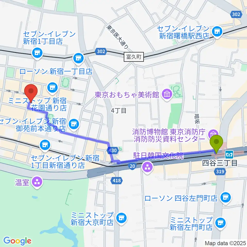 四谷三丁目駅から新宿リトルモンスターへのルートマップ地図