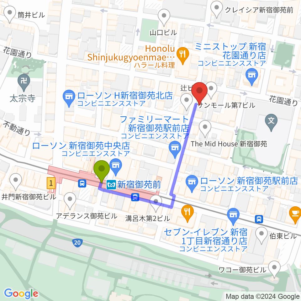 新宿リトルモンスターの最寄駅新宿御苑前駅からの徒歩ルート（約3分）地図