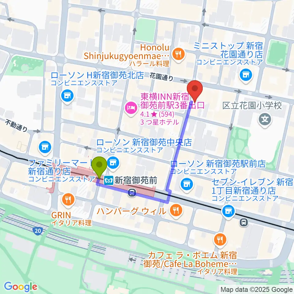 新宿リトルモンスターの最寄駅新宿御苑前駅からの徒歩ルート（約3分）地図