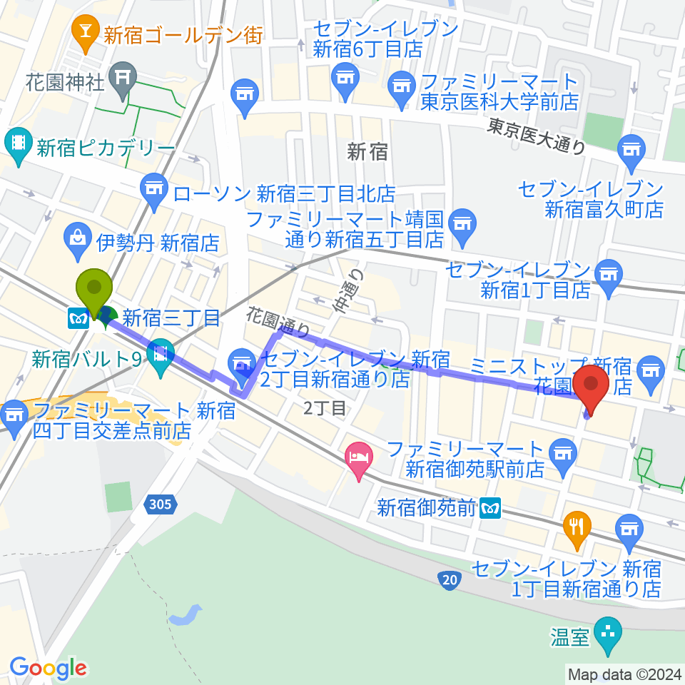 新宿三丁目駅から新宿リトルモンスターへのルートマップ地図