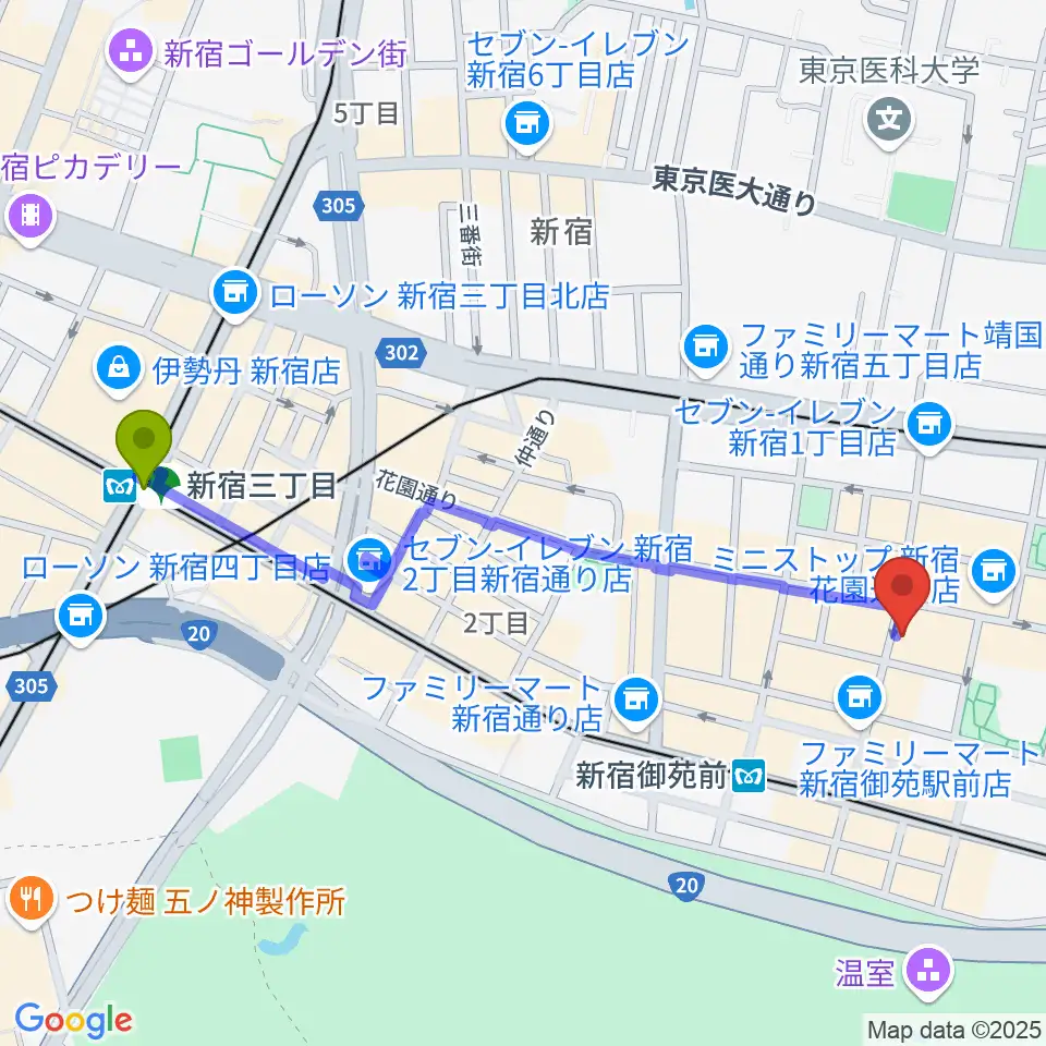 新宿三丁目駅から新宿リトルモンスターへのルートマップ地図