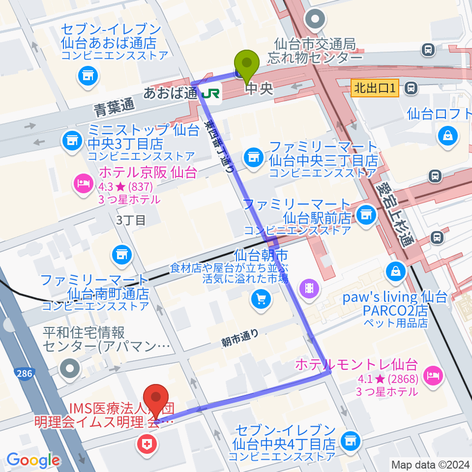 桐朋学園 子供のための音楽教室 仙台教室の最寄駅あおば通駅からの徒歩ルート（約6分）地図