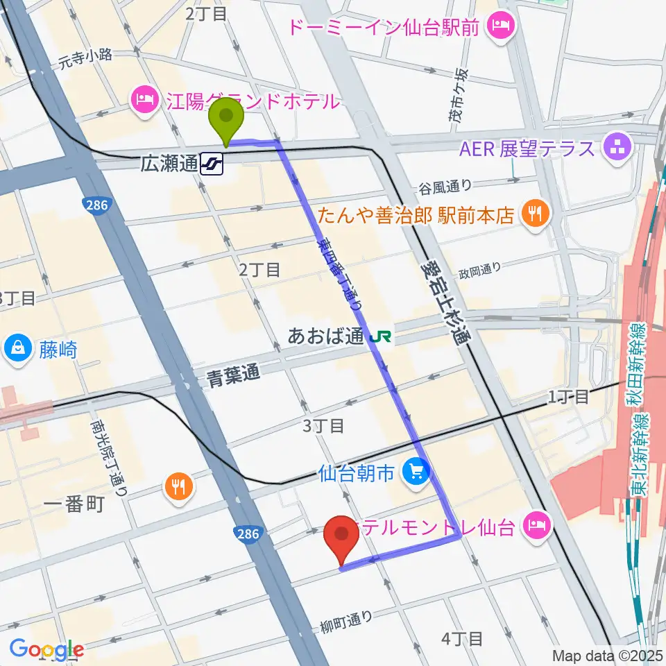 広瀬通駅から桐朋学園 子供のための音楽教室 仙台教室へのルートマップ地図