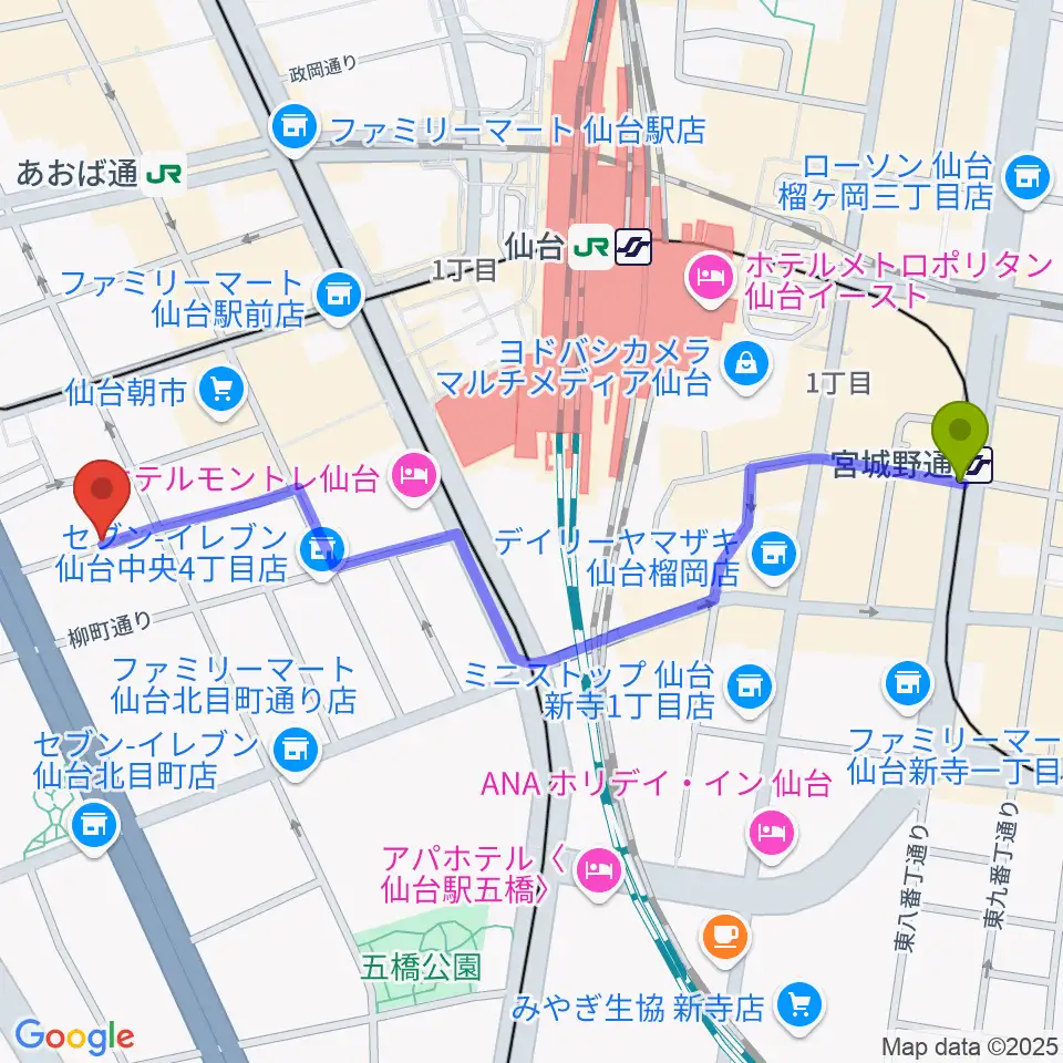 宮城野通駅から桐朋学園 子供のための音楽教室 仙台教室へのルートマップ地図