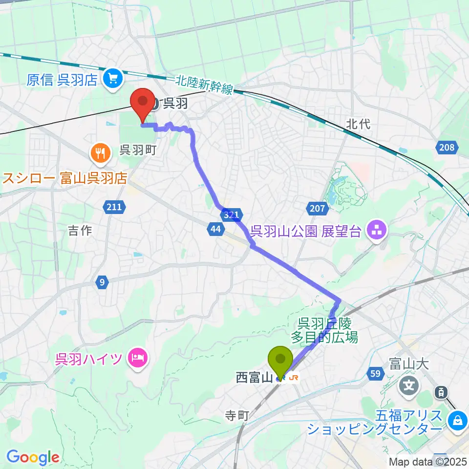 西富山駅から桐朋 子供のための音楽教室 富山教室へのルートマップ地図