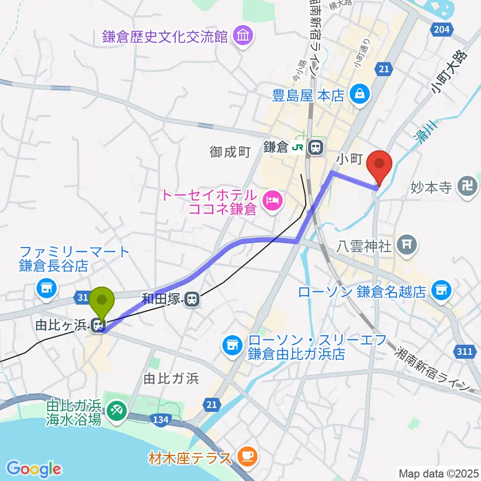 由比ヶ浜駅から桐朋 子供のための音楽教室 鎌倉・横浜教室へのルートマップ地図