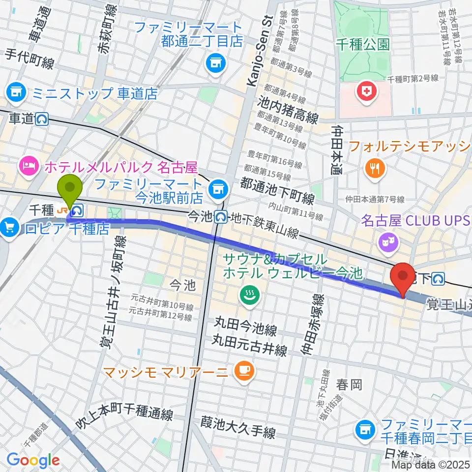 千種駅から日響楽器 池下店へのルートマップ地図