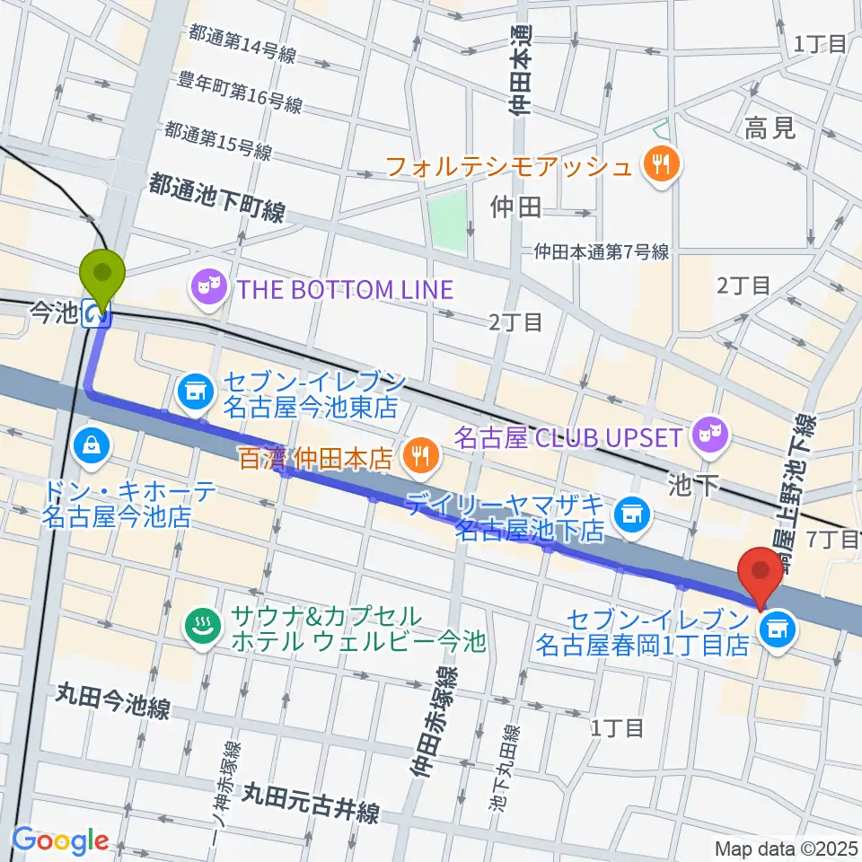 今池駅から日響楽器 池下店へのルートマップ地図