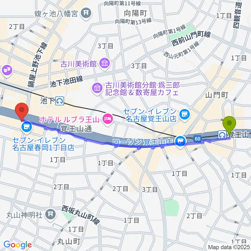 覚王山駅から日響楽器 池下店へのルートマップ地図