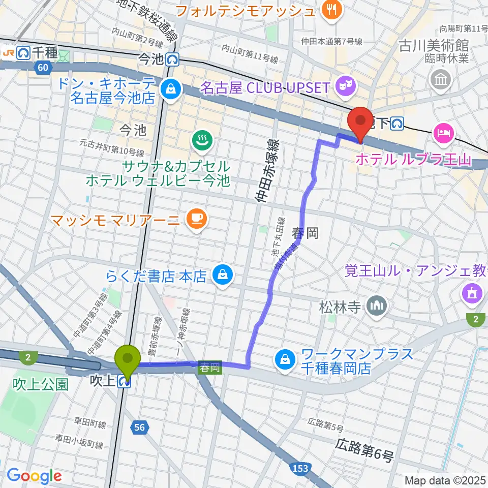 吹上駅から日響楽器 池下店へのルートマップ地図