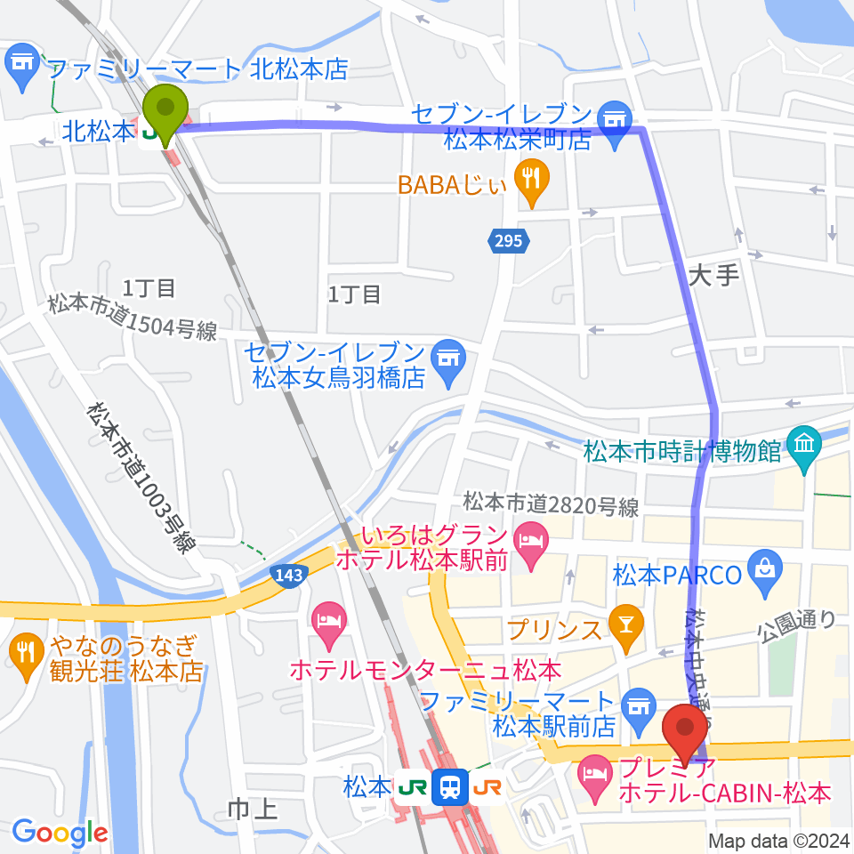 北松本駅から桐朋 子供のための音楽教室 松本教室へのルートマップ地図