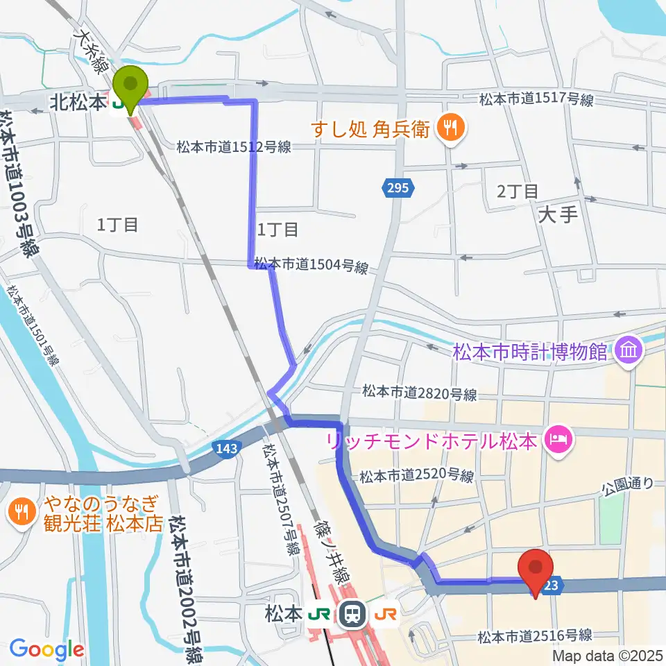 北松本駅から桐朋 子供のための音楽教室 松本教室へのルートマップ地図