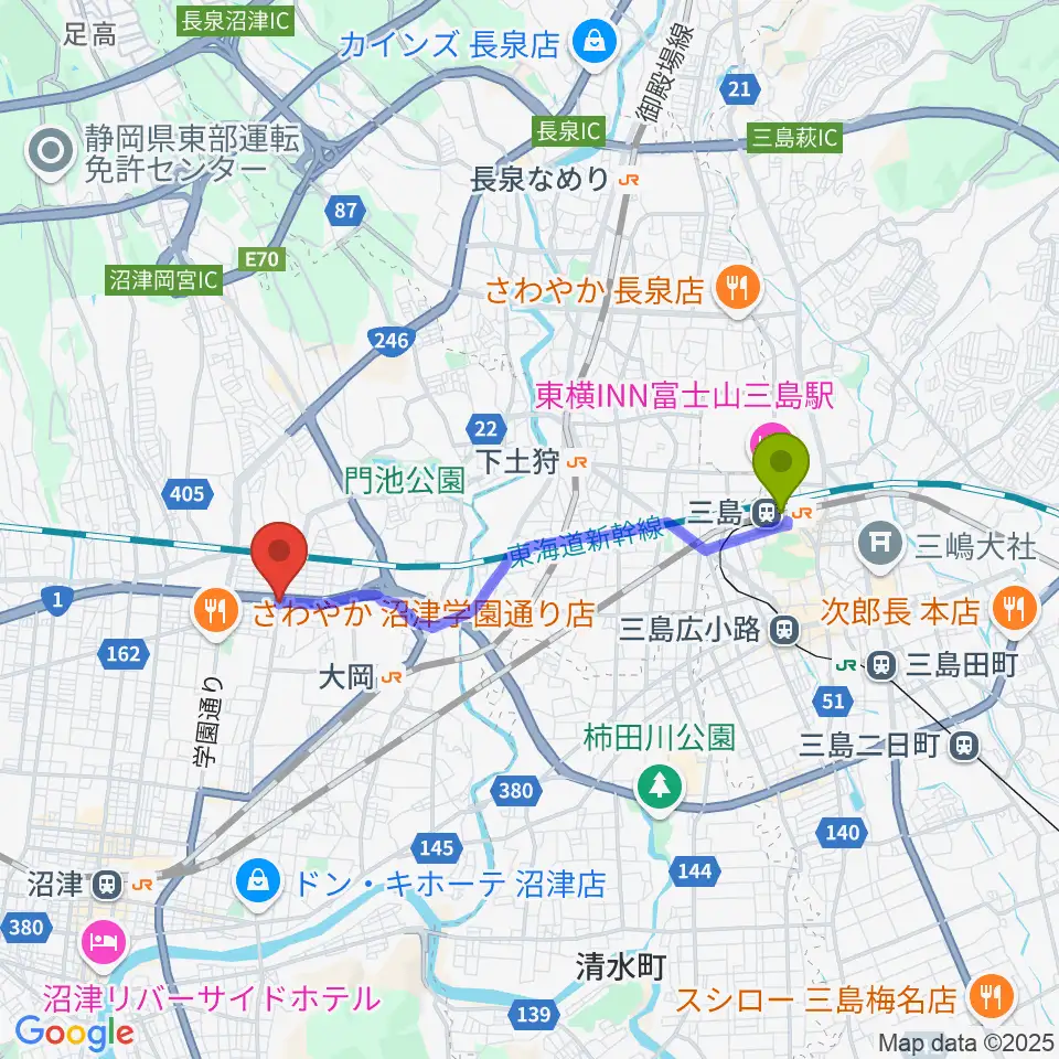 三島駅から桐朋 子供のための音楽教室 富士教室へのルートマップ地図