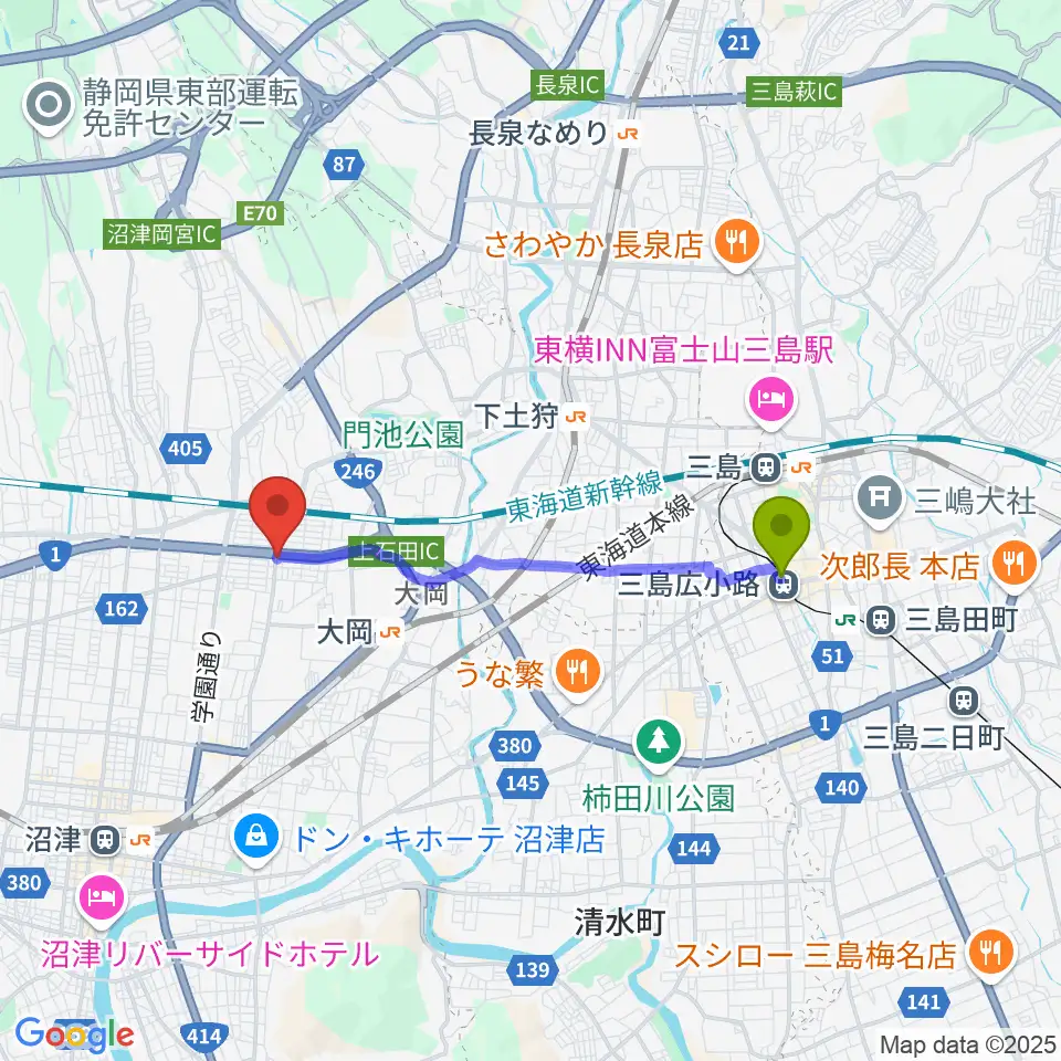 三島広小路駅から桐朋 子供のための音楽教室 富士教室へのルートマップ地図