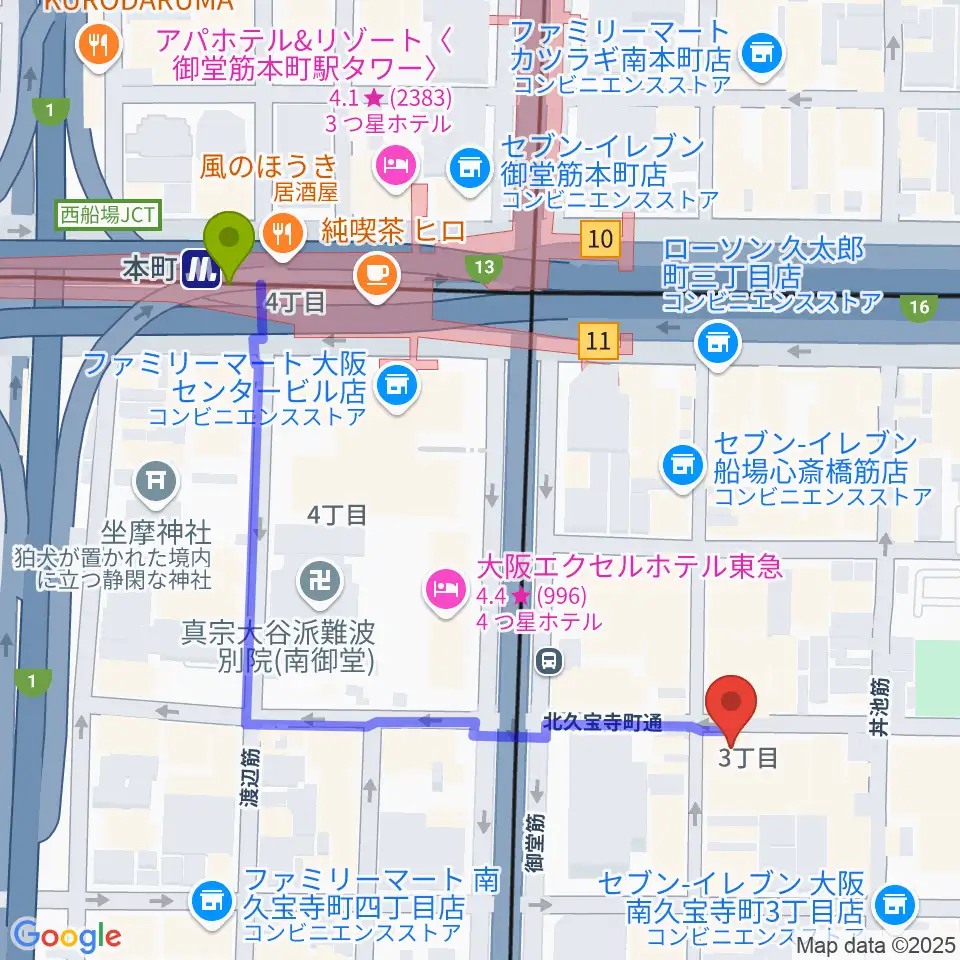 桐朋 子供のための音楽教室 大阪教室の最寄駅本町駅からの徒歩ルート（約6分）地図