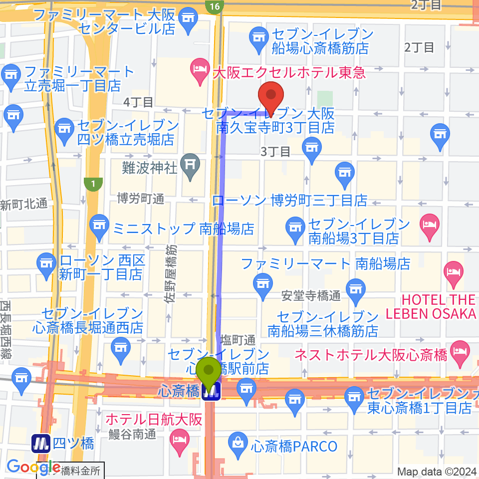 心斎橋駅から桐朋 子供のための音楽教室 大阪教室へのルートマップ地図