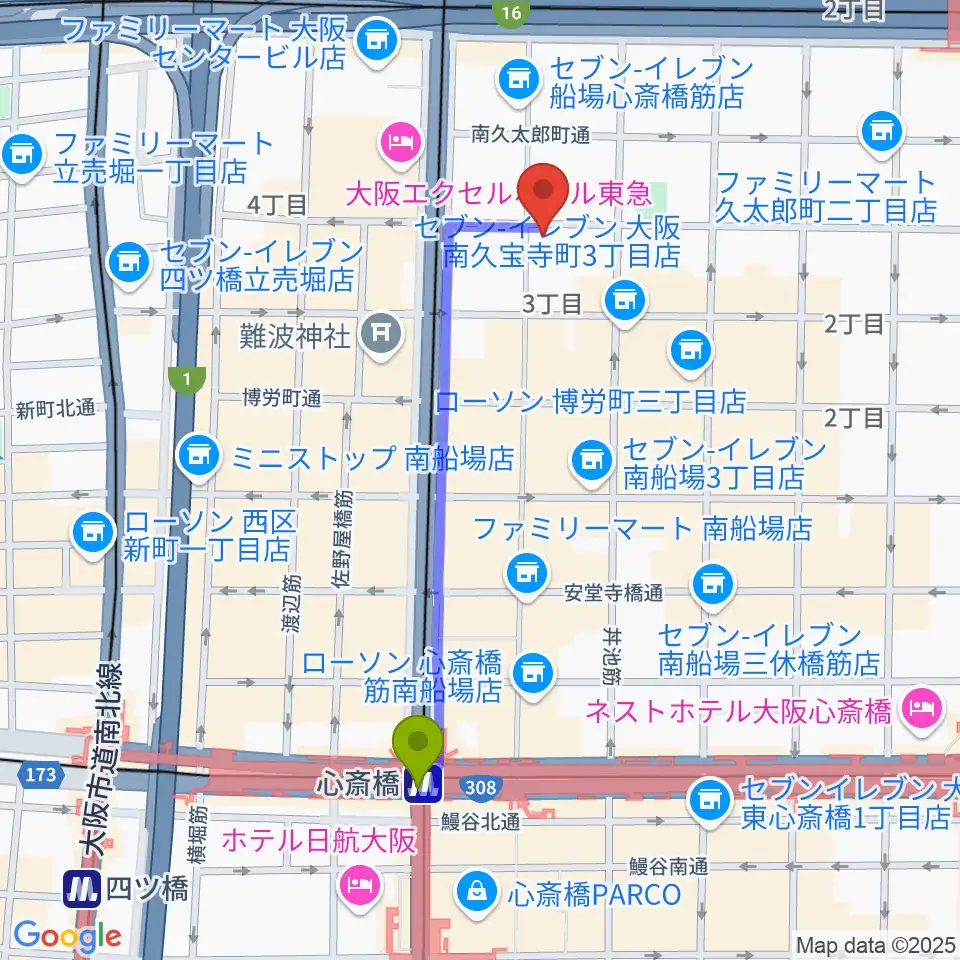 心斎橋駅から桐朋 子供のための音楽教室 大阪教室へのルートマップ地図