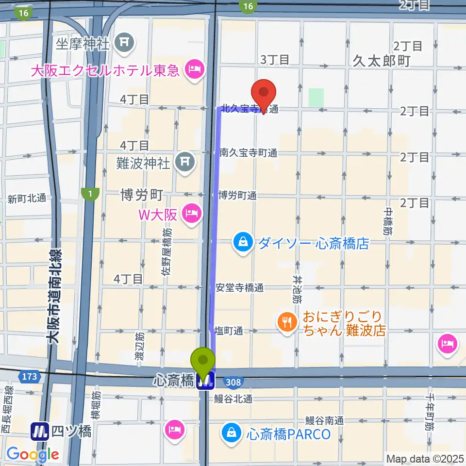 心斎橋駅から桐朋 子供のための音楽教室 大阪教室へのルートマップ地図