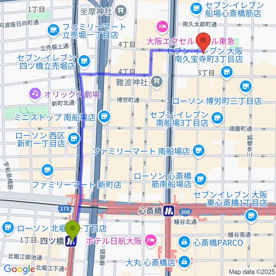 四ツ橋駅から桐朋 子供のための音楽教室 大阪教室へのルートマップ地図