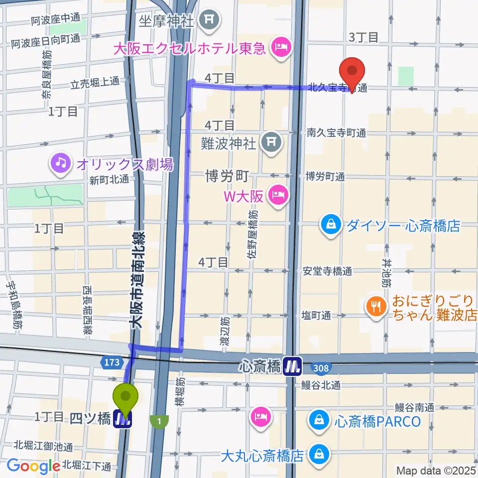 四ツ橋駅から桐朋 子供のための音楽教室 大阪教室へのルートマップ地図