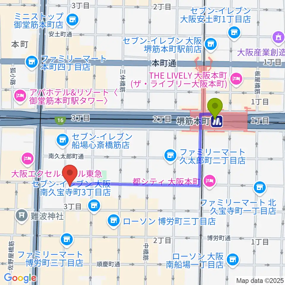 堺筋本町駅から桐朋 子供のための音楽教室 大阪教室へのルートマップ地図