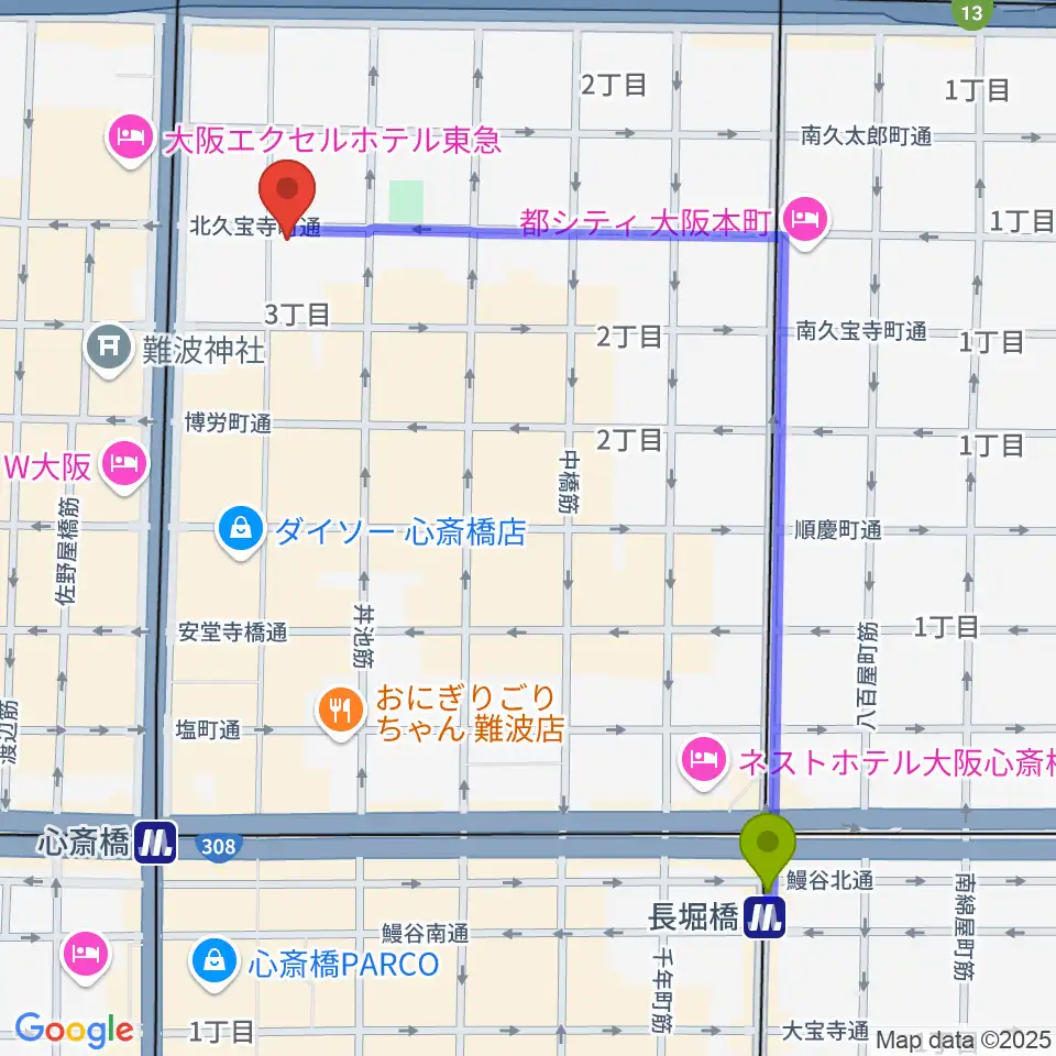 長堀橋駅から桐朋 子供のための音楽教室 大阪教室へのルートマップ地図