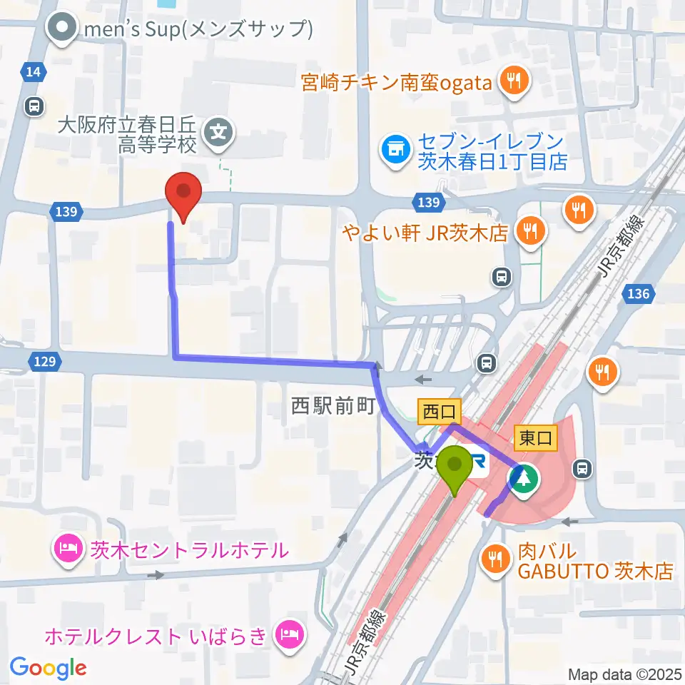 桐朋 子供のための音楽教室 茨木教室の最寄駅茨木駅からの徒歩ルート（約4分）地図