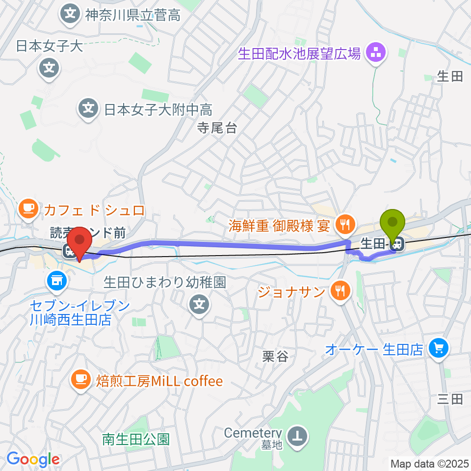 生田駅からMiki music innへのルートマップ地図