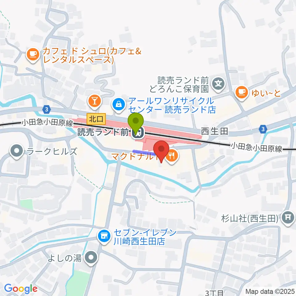 Miki music innの最寄駅読売ランド前駅からの徒歩ルート（約1分）地図