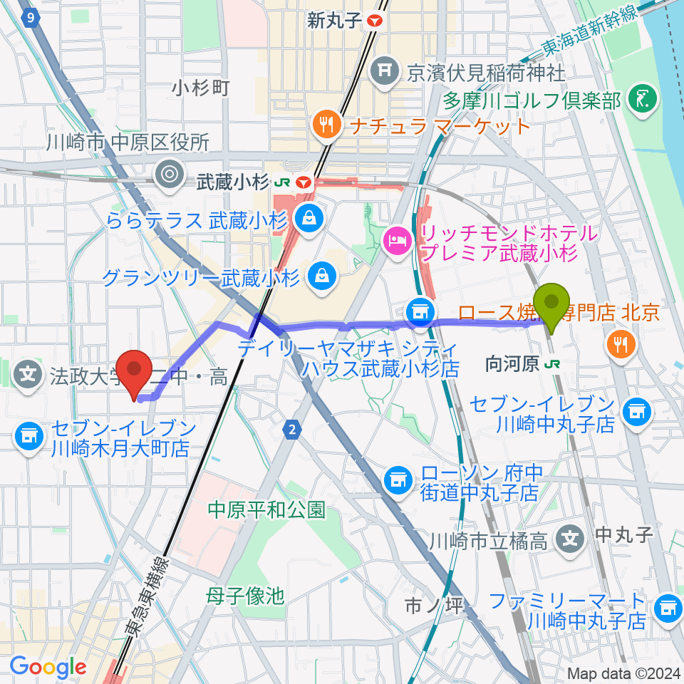 向河原駅からシャコンヌ音楽教室へのルートマップ地図