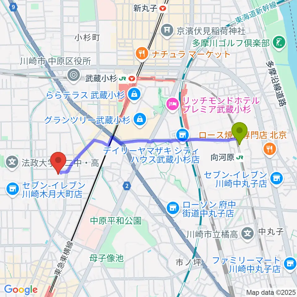 向河原駅からシャコンヌ音楽教室へのルートマップ地図