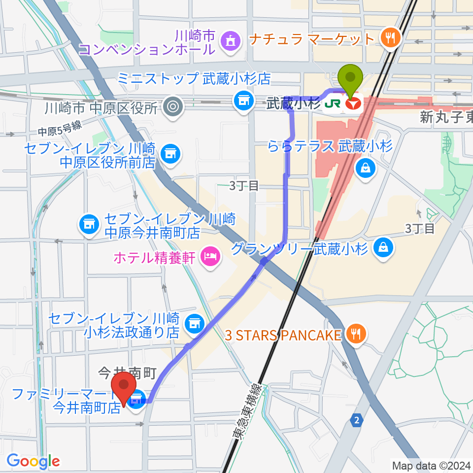 武蔵小杉駅からシャコンヌ音楽教室へのルートマップ地図