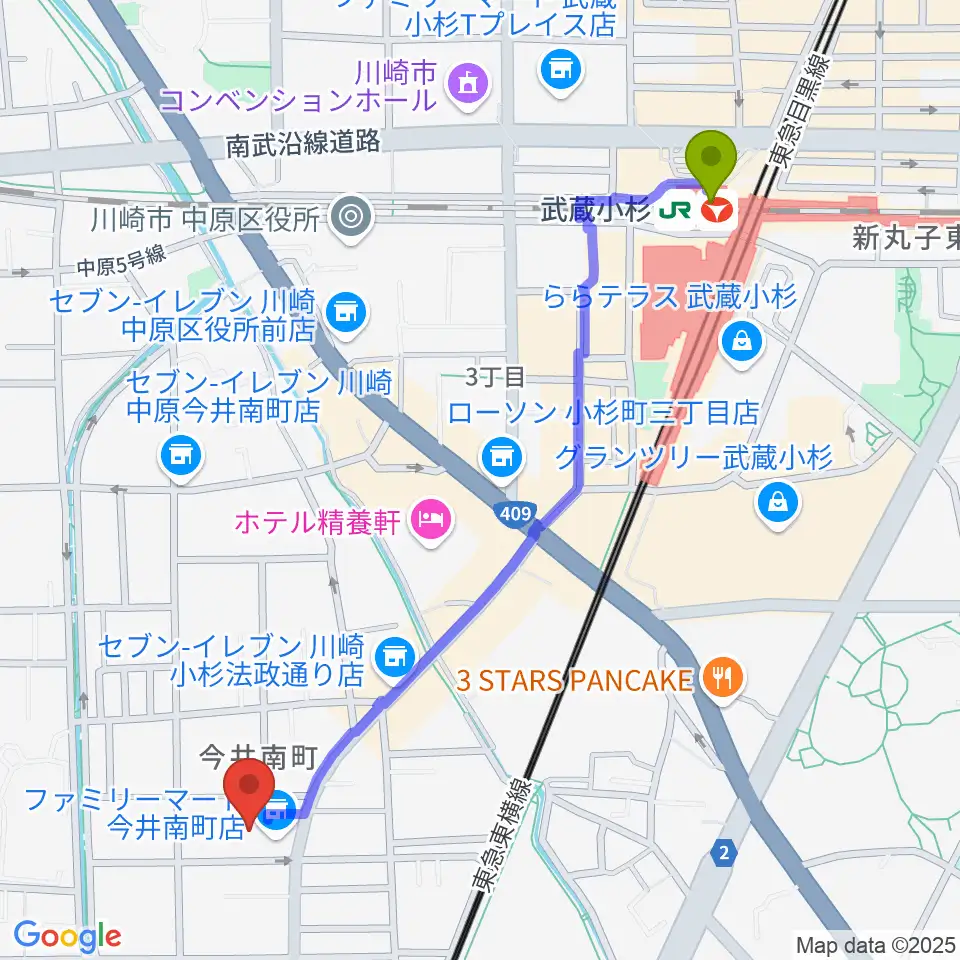 武蔵小杉駅からシャコンヌ音楽教室へのルートマップ地図