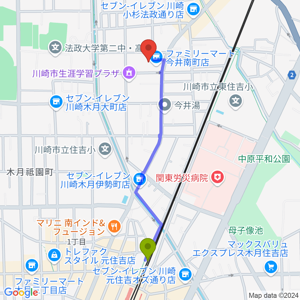 シャコンヌ音楽教室の最寄駅元住吉駅からの徒歩ルート（約10分）地図