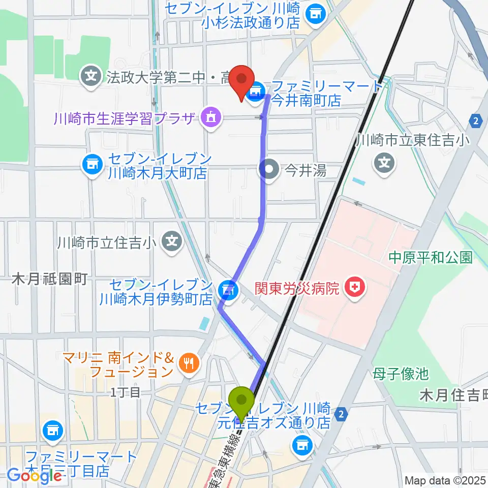 シャコンヌ音楽教室の最寄駅元住吉駅からの徒歩ルート（約10分）地図