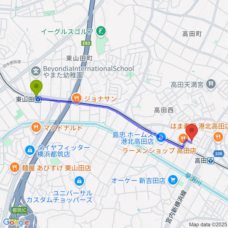 東山田駅からミュージックオアシスへのルートマップ地図