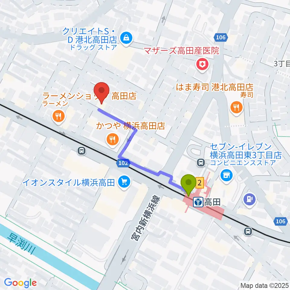 ミュージックオアシスの最寄駅高田駅からの徒歩ルート（約3分）地図