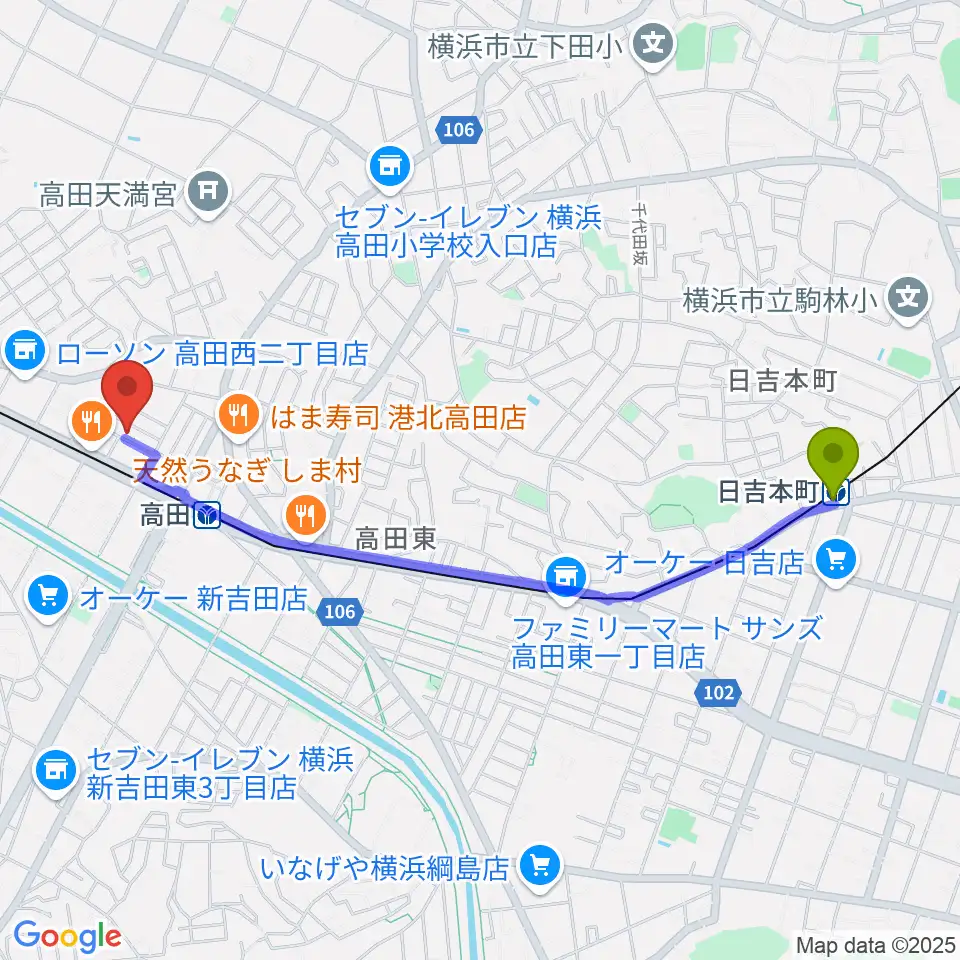 日吉本町駅からミュージックオアシスへのルートマップ地図