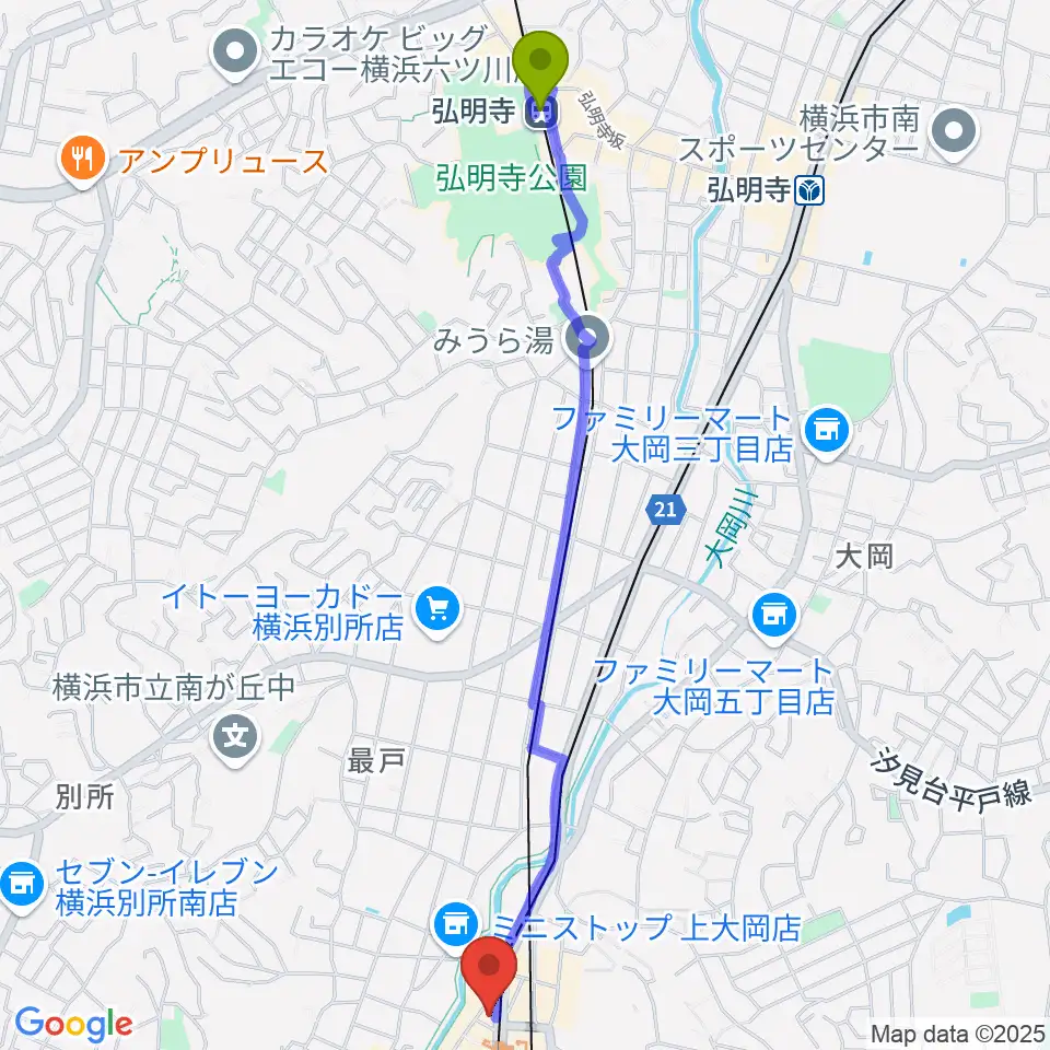 弘明寺駅からフレンド楽器 ソナーレ上大岡へのルートマップ地図