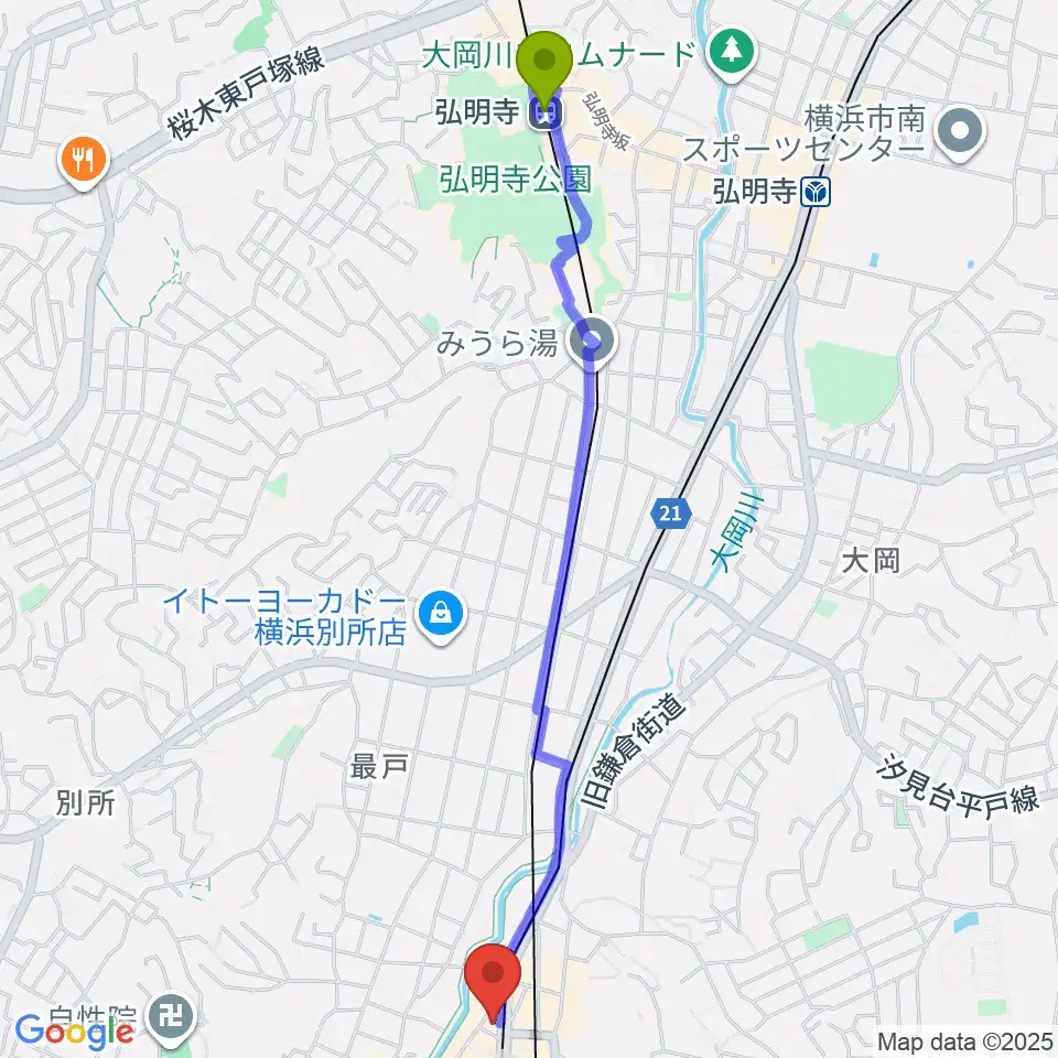 弘明寺駅からフレンド楽器 ソナーレ上大岡へのルートマップ地図