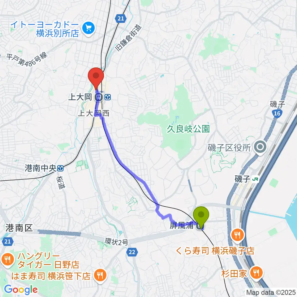 屏風浦駅からフレンド楽器 ソナーレ上大岡へのルートマップ地図
