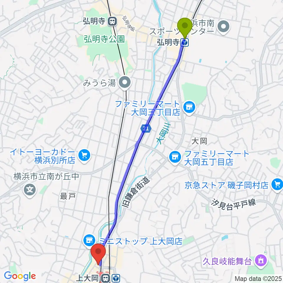 弘明寺駅からフレンド楽器 ソナーレ上大岡へのルートマップ地図
