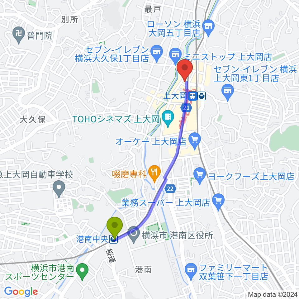 港南中央駅からフレンド楽器 ソナーレ上大岡へのルートマップ地図