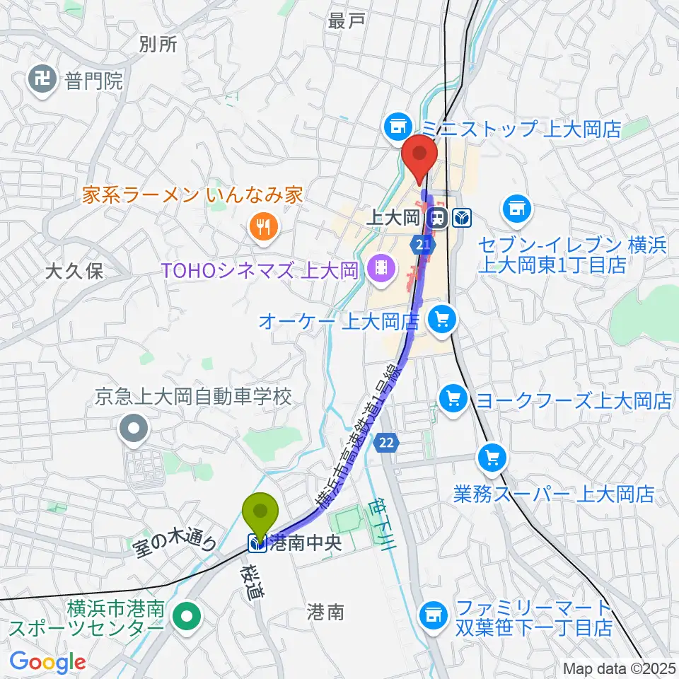 港南中央駅からフレンド楽器 ソナーレ上大岡へのルートマップ地図
